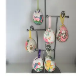 Set Of 6 Vintage Sugared Easter Eggs with Adorable Bunnieschicks Flowers