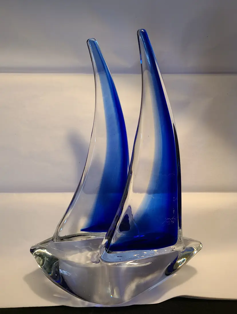 10" Vinci Blown Art Glass Double Sail Sailboat Cobalt & Clear Paperweight Sculpture