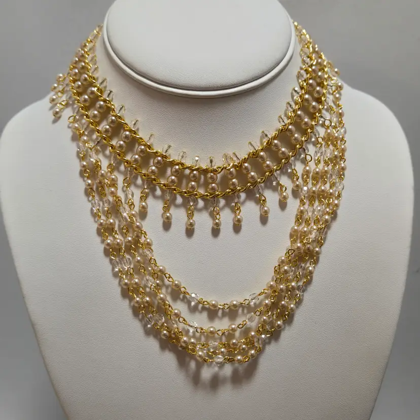 Vtg Joan River Waterfall Pearl Layered Collar Necklace