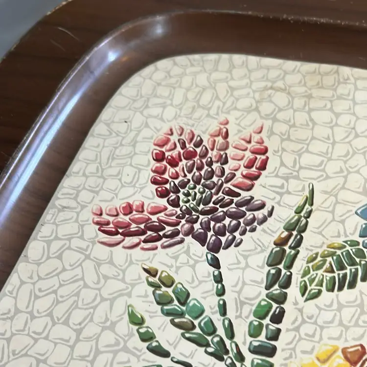 Metal Snack Tray Featuring a Floral Mosaic Pattern - VTG