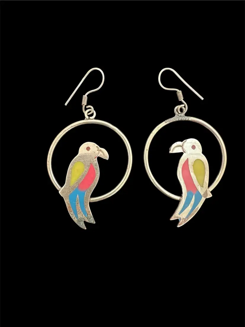 Vintage Alpaca  Mexico Macaw Parrot Bird Inlay Dangle Drop Hook Earrings