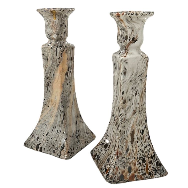 Pair of Vintage Haeger Swirl Tan and White Swirl Glazed Candlestick Holders