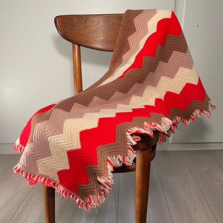 Vintage 1970s Handmade Crochet Lap Blanket Chevron w Fringe Red Brown Tan 44x43"