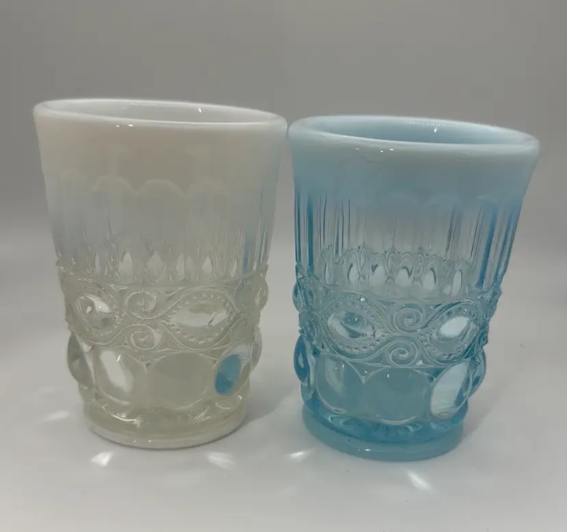 Mosser Glass Eye Winker Aqua and White Opal 4" Tumblers Opalescent Juice Set USA