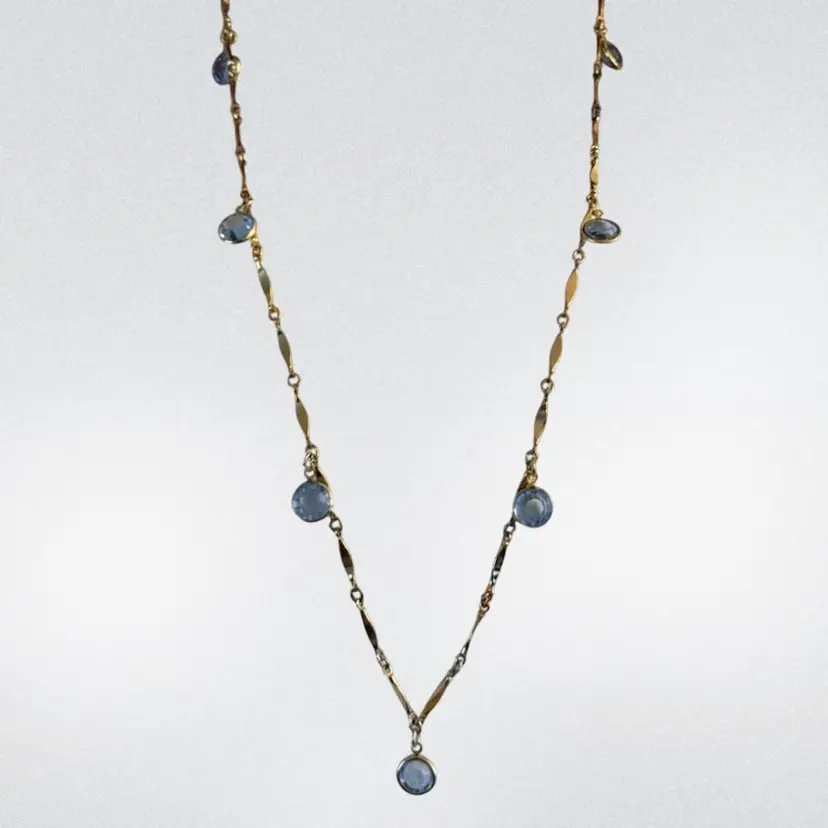 Vintage GoldTone Faceted Brilliant Pale Blue Rhinestone Bar Link Necklace 32"