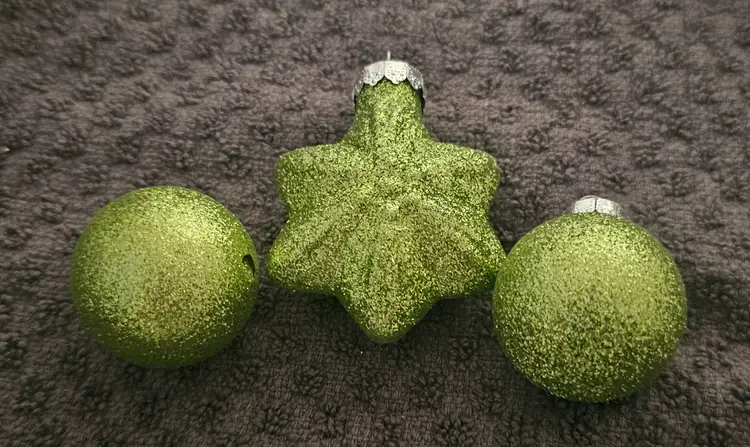 Lot of 3 Green Glitter Vintage Ornaments Preowned Condition