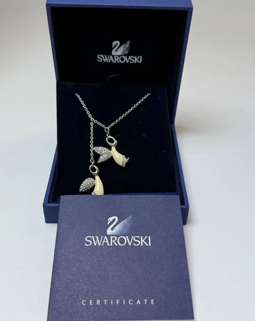 Swarovski Ivory Enamel Ice Crystal Double Angel 17" Necklace New in Box Silver
