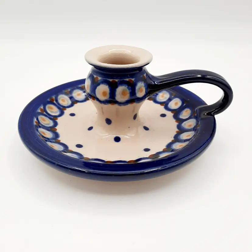Polish Pottery Candlestick Holder Dark Blue & Beige Made In Germany