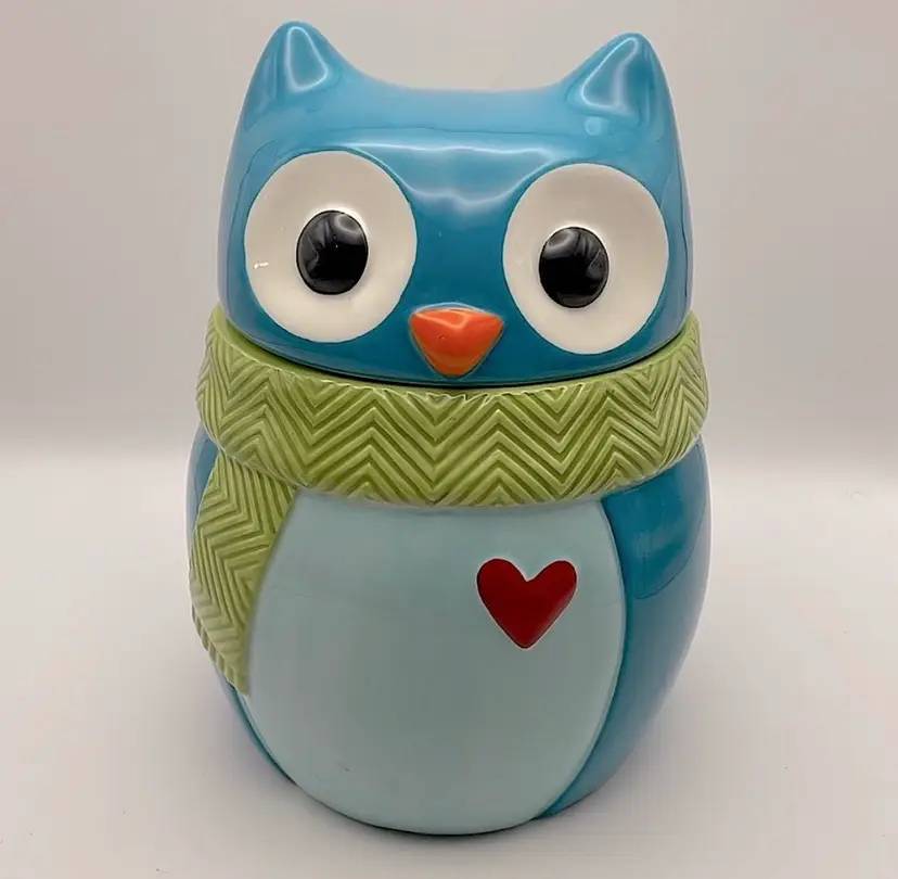 OWL! St. Nicholas Square, 2 piece, ceramic cookie jar, turquoise/lime green. Sweet and Adorable!🦉