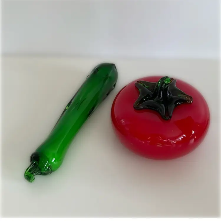 Set Of 2 Vintage Handblown Glass Vegetables - Tomato And Cucumber