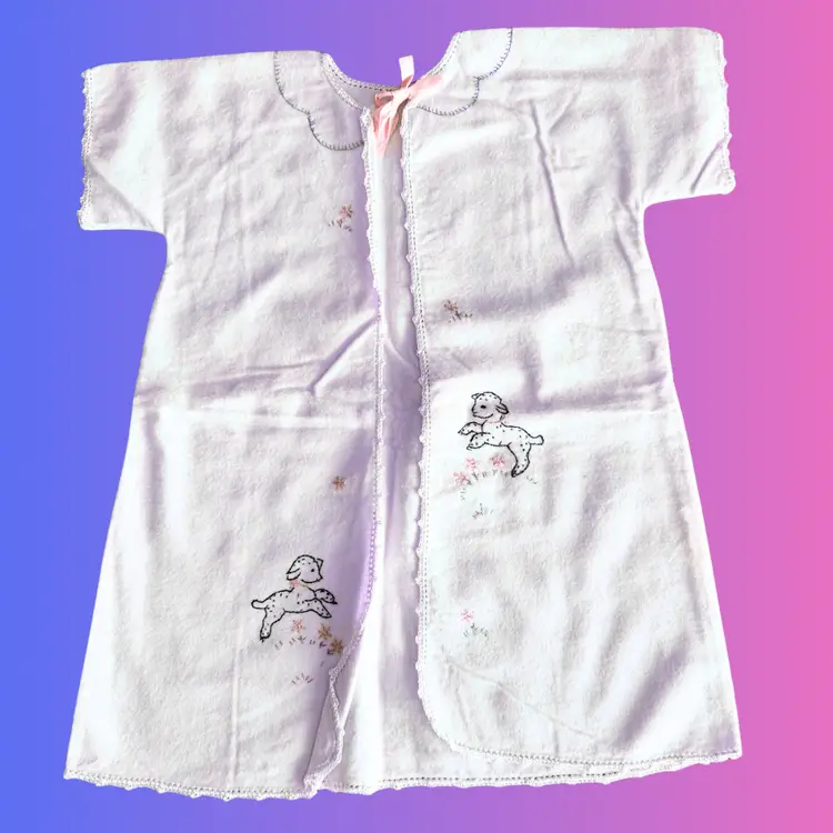 Vintage Embroidered Baby Robe Flannel Bed Jacket Lamb Floral Design Handmade