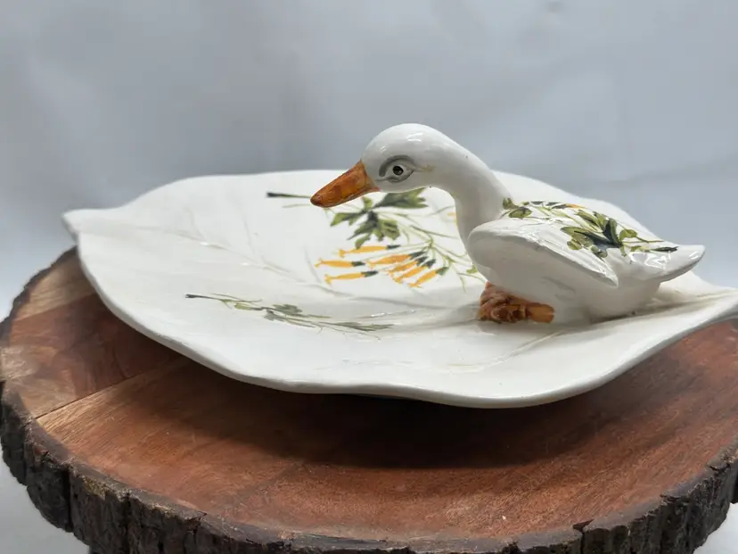 Vintage Italian Figural Duck on Floral Hand Painted Dish Trinket Dresser