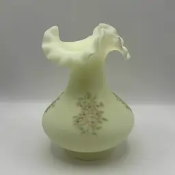 Signed Vintage Satin Custard Fenton Pink Blossoms Vase, 6-1/2” Tall