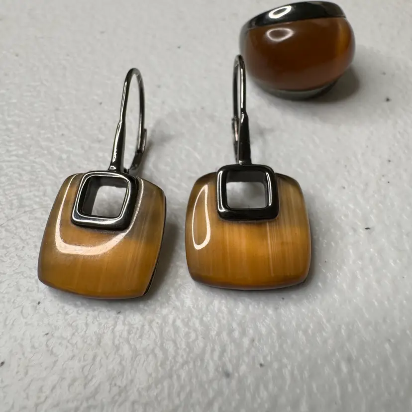 Vintage Modernist 925 Sterling Silver Cats Eye Quartz Ring Earrings Set - Tested