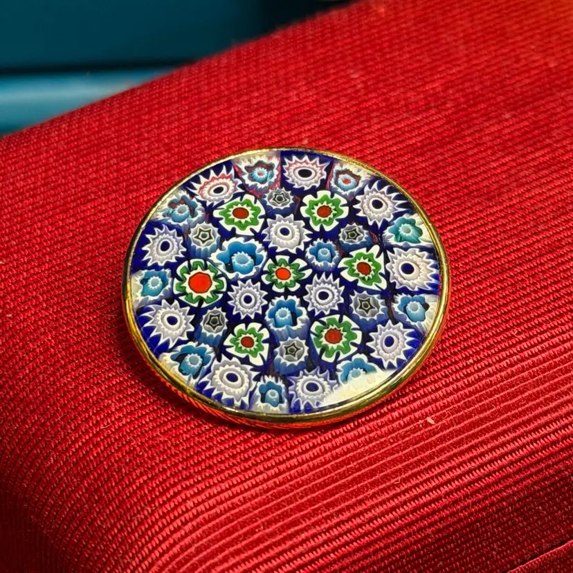 Murano Vermeil Millefiori Cane Blue & Green Round Brooch Pin Gold Wash Over Sterling Silver
