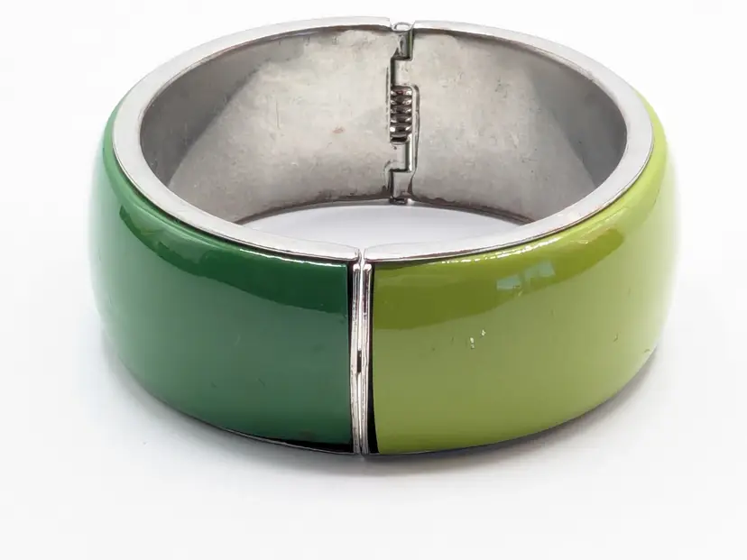 Silver Tone Green Enamel Hinged Clamper Bangle Bracelet