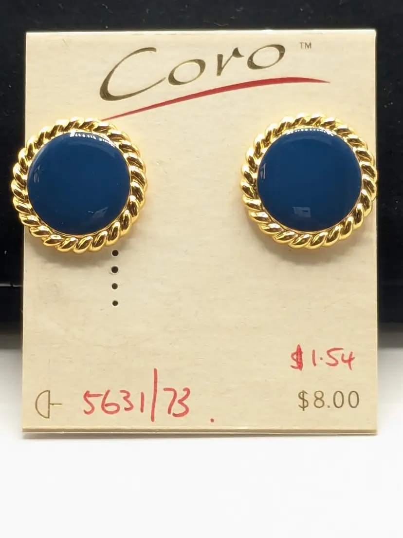 Vintage Coro Gold Tone Blue Enamel Pierced Earrings NOS