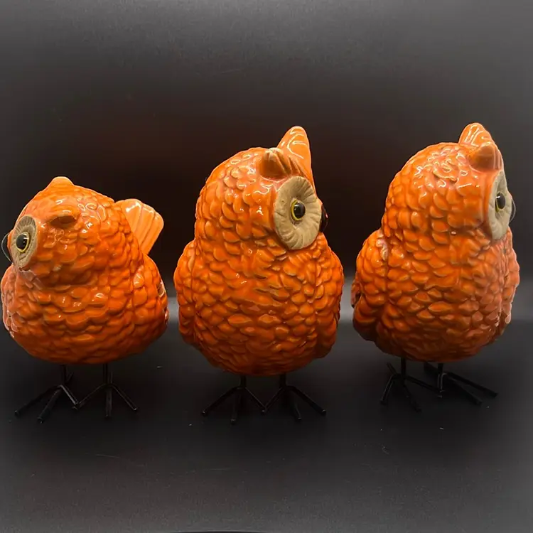 3pc Ceramic Owls W/metal Feet
