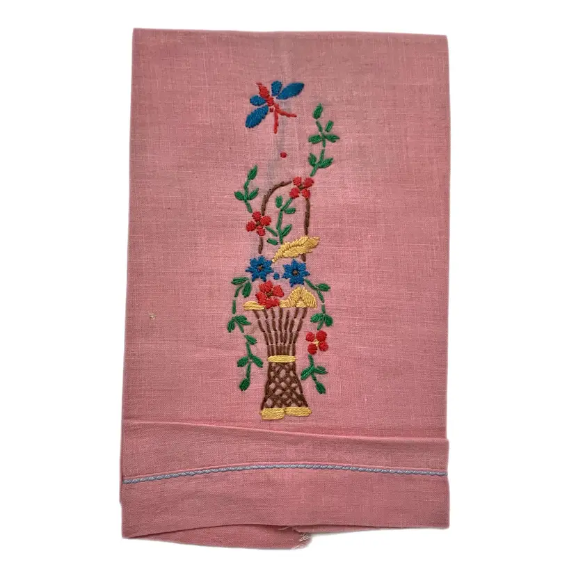 Pink Embroidered Tea Hand Towel Butterfly Floral Cottage Core Shabby Decor Vintage