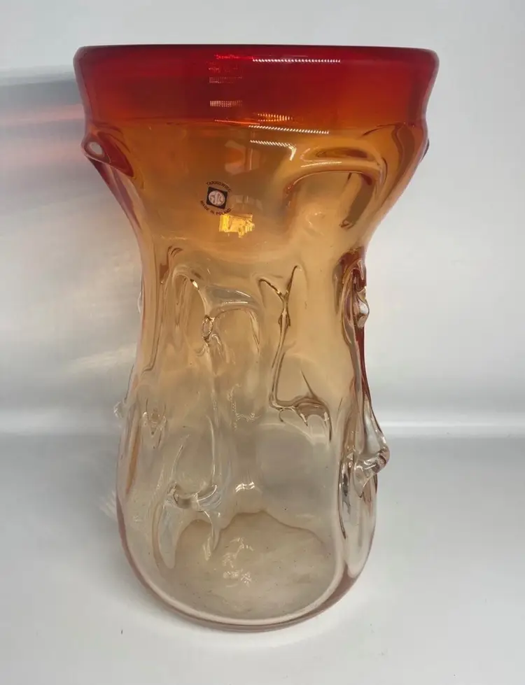 large orange amberina Tarnoweic Polish glass vase 12” Tall GLOWS!