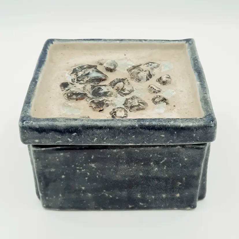 Art Pottery Rectangle Lidded Trinket Box Abstract Primitive Rock Stone