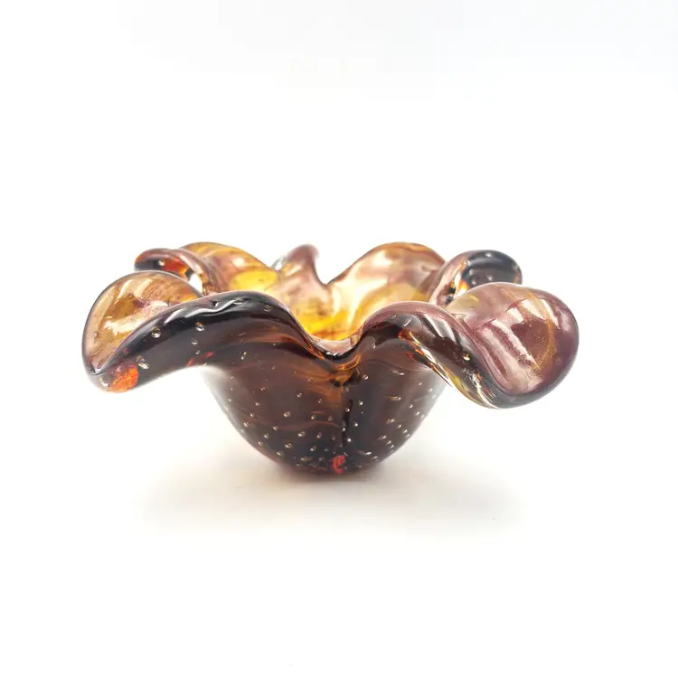 Hand Blown Studio Art Glass Ruffled Flower Bowl Amber Copper Swirls Bullicante