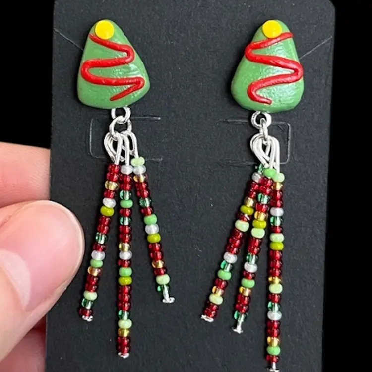Handmade By Me - Polymer Clay Christmas Tree Earrings With Red & Green Seed Bead Tassel, Handmade Christmas Earrings, Made By NN Artist, Handmade Christmas Accessories