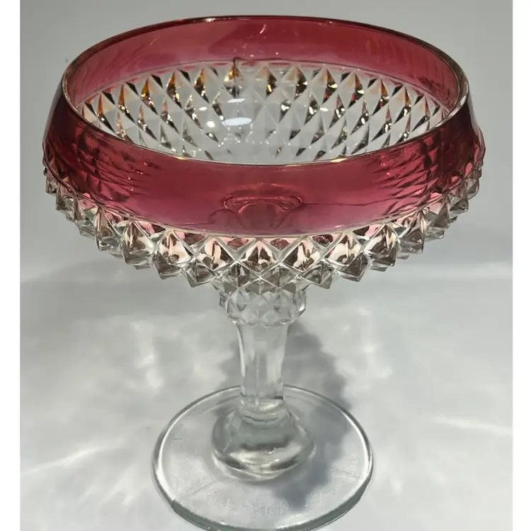 Indiana Glass- Diamond Point, Ruby Flash Band- Pedestal Candy Dish- (No Lid) - Husband Thought it was a Margarita Glass! 😘 - 7” Tall, 6” Wide- Vintage