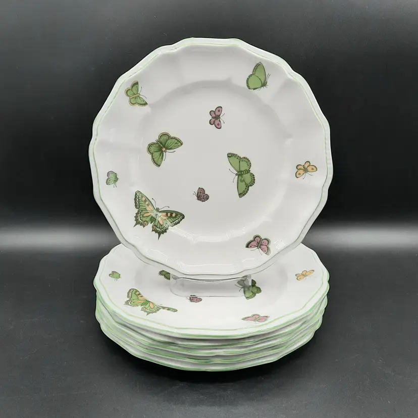 Vintage Crown Staffordshire England Butterfly Green Scalloped Edge Plates Set of 6