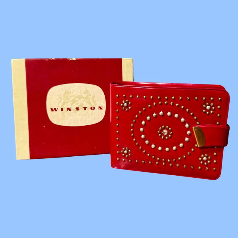 Vintage MCM 50's Rhinestone Studded Red Vinyl Wallet w/ Box, Rockabilly Fashion