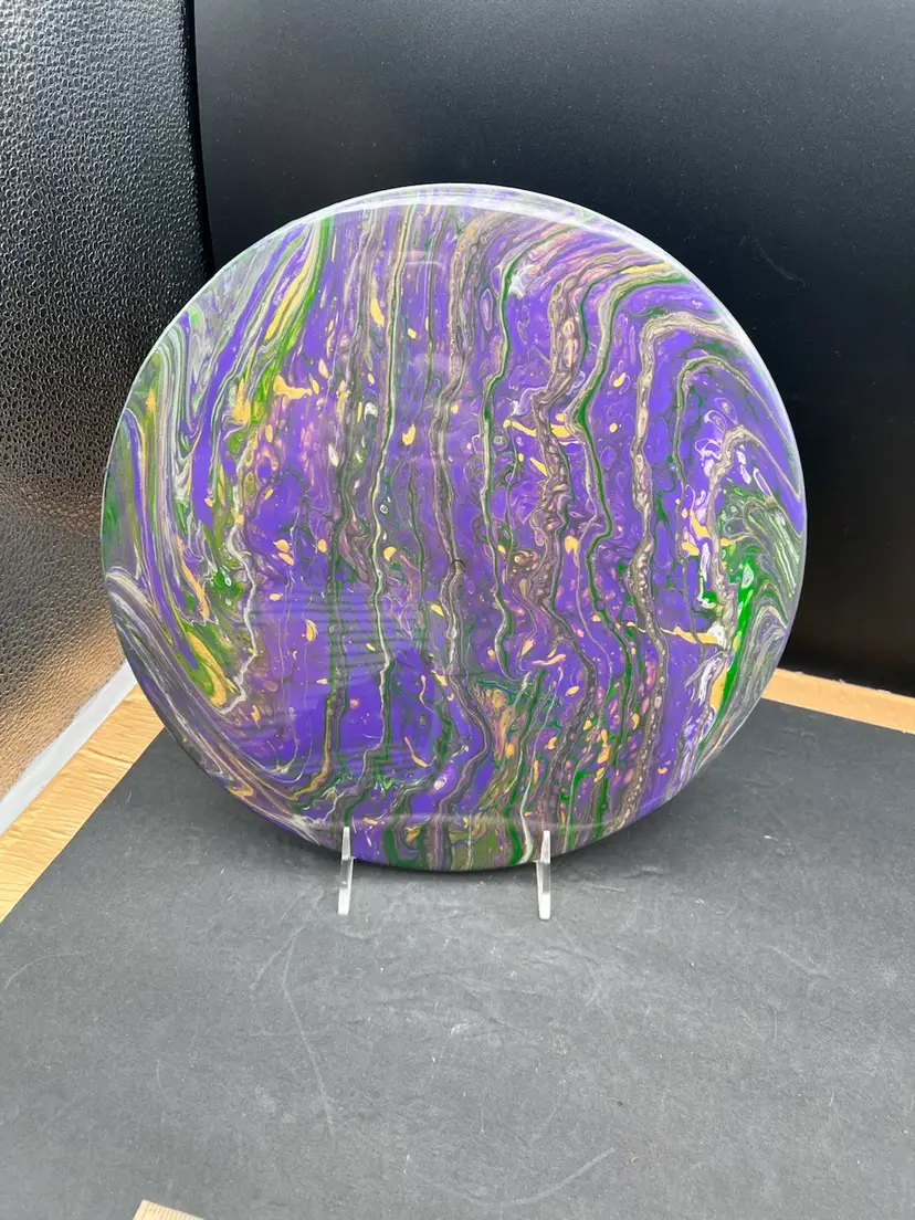 Original Artwork Acrylic Pour On 33 Record Resin Sealed. Mardi Gras Colors Purple, Green & Good