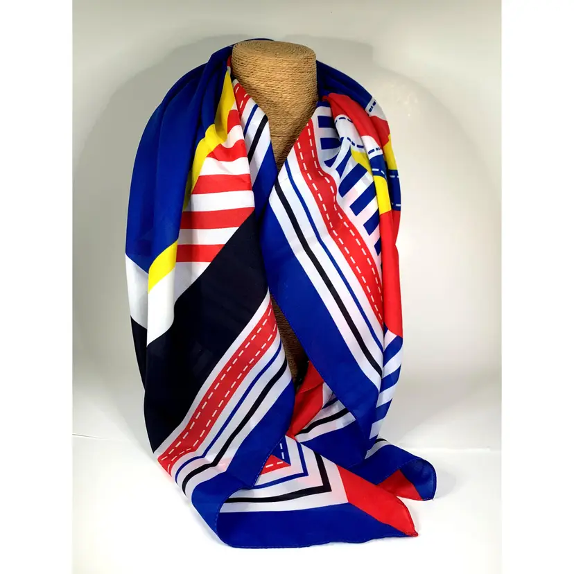 90s Nautical RWB Abstract Scarf Made Italy Avon 33x33 Vintage Polyester READ