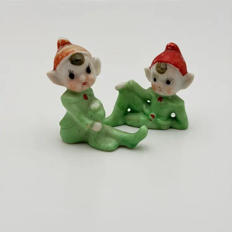 Ceramic Little Green Pair Of Vintage Lounging Pixie Elves