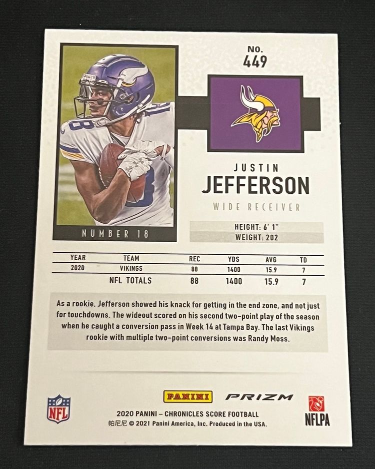 Justin Jefferson 2020 Panini Chronicles Score Silver Prizm Rookie RC #449 Minnesota Vikings