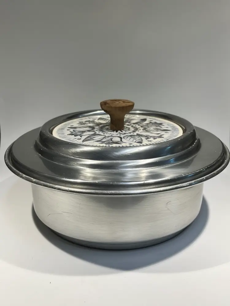 MCM Vintage- Dura Brass- Serving Dish by Buehner-Wanner, Inc. 9.5” x 3.5 Tall- lid has wood handle, Ceramic Center