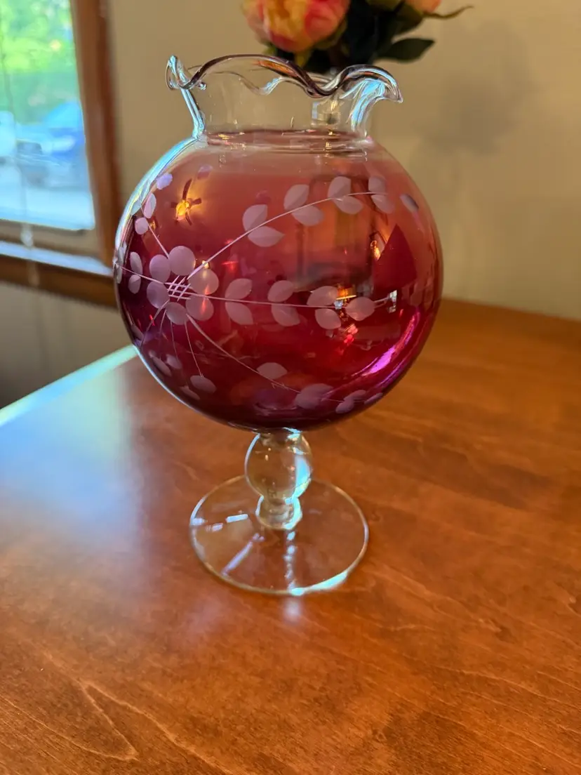 8” H x 5” W Cranberry Glass Pedestal Bowl