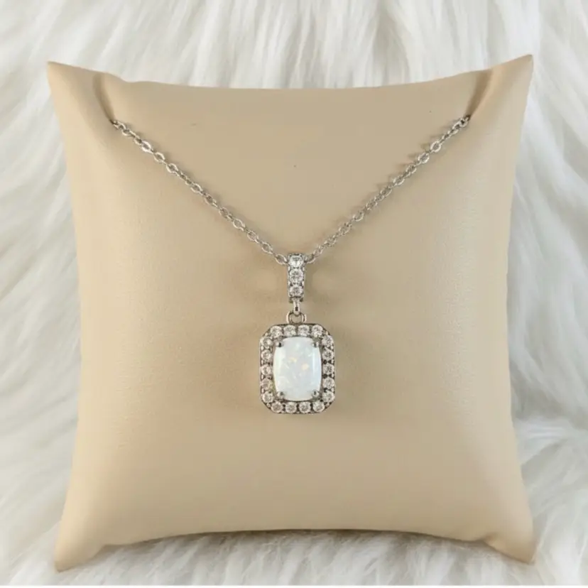 Opal and white sapphire halo solitaire necklace sterling silver