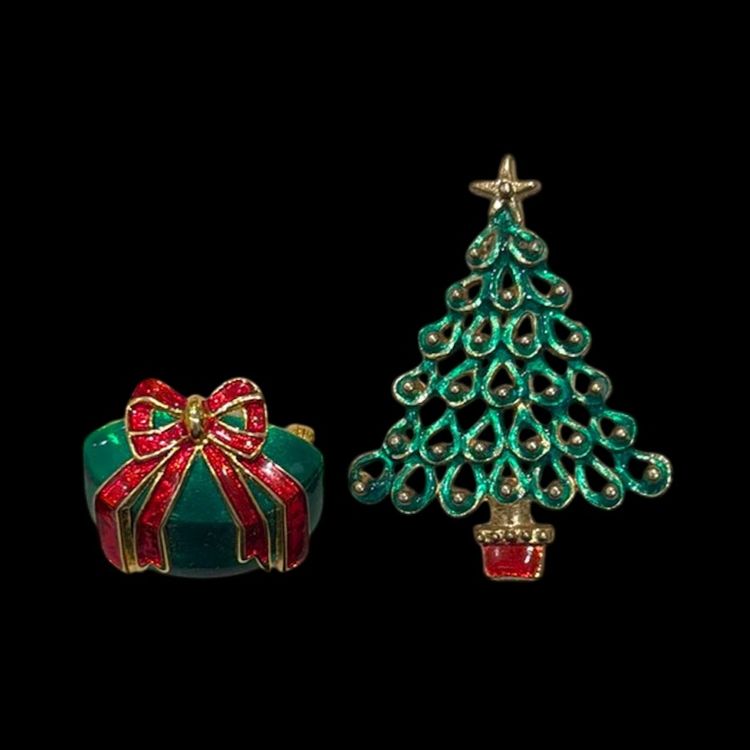 Vintage Lot (2) Vintage Red & Green Enamel Christmas Brooches, Christmas Tree & Present