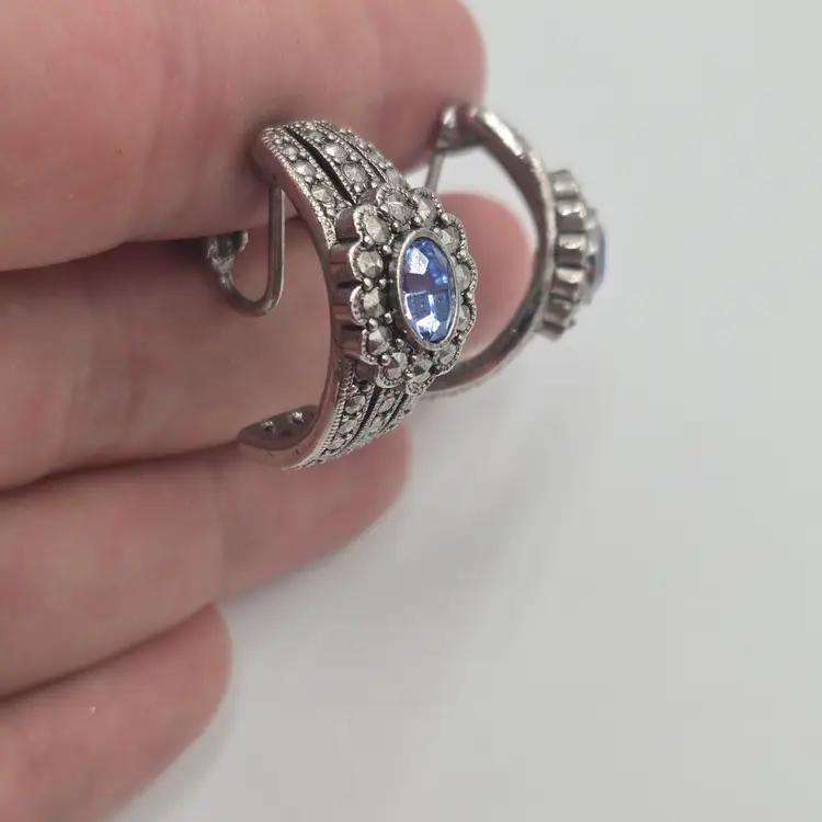 Vintage Avon Silver Tone Half Hoop Blue Jewel Faux Marcasite Clip On Earrings