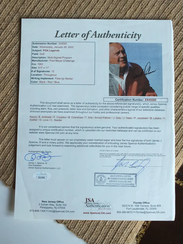 Tom Kite Signed Autograph Signature 8.5x11 Golf Program Sheet with an LOA COA by JSA!