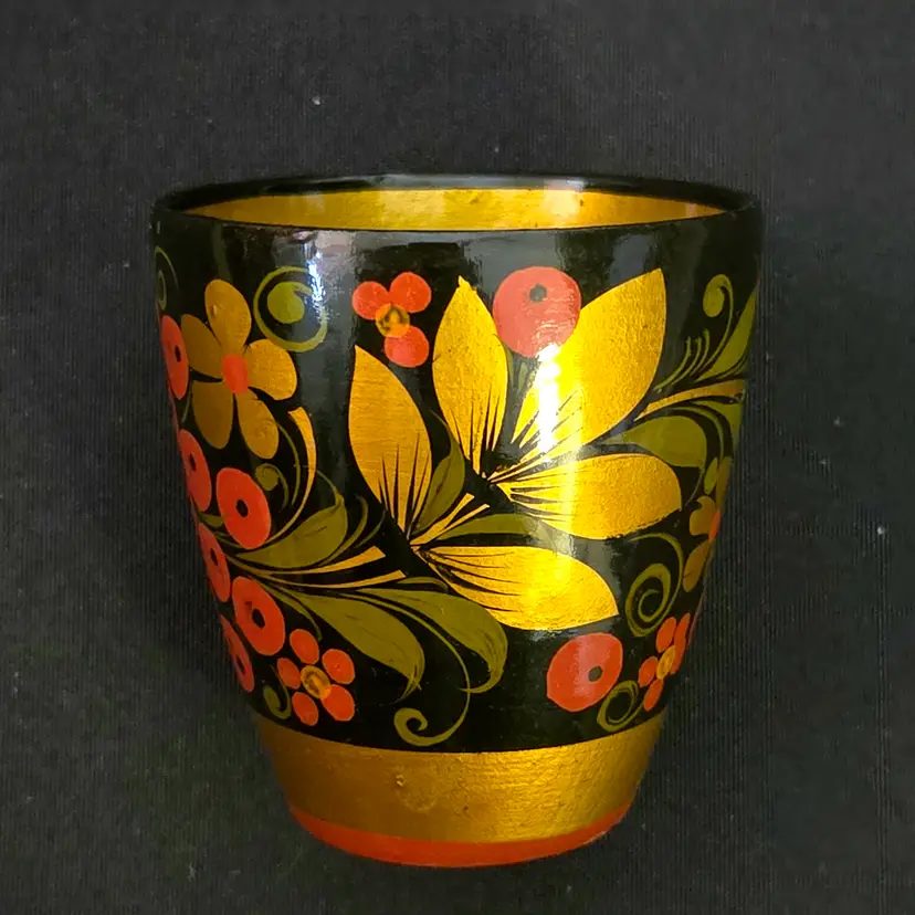 Khokhloma Russian Lacquer Cup USSR Hand Painted Wood Gold Red Berry Vintage