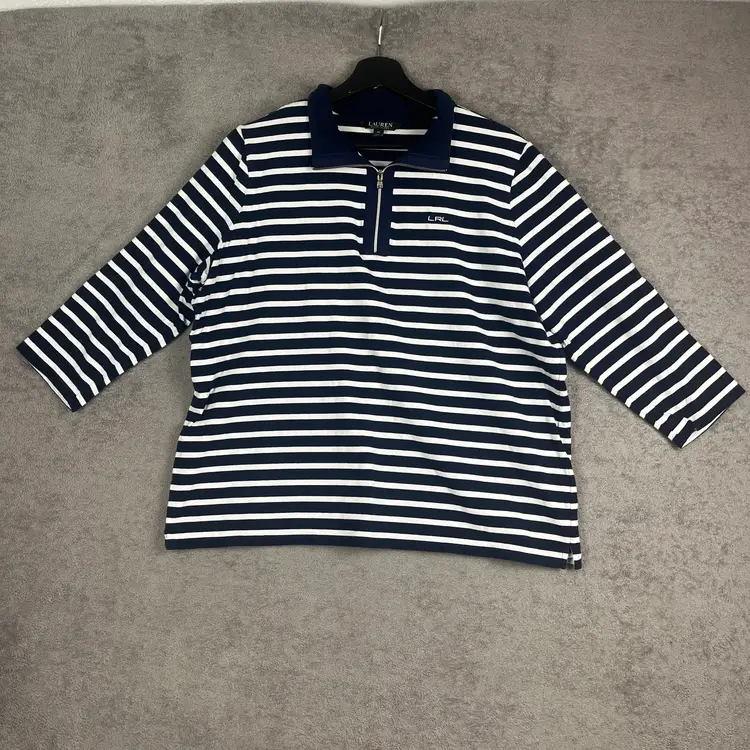 Lauren Ralph Lauren Quarter Zip Shirt Womens PTP 23" Size 2X Navy White Nautical Classic
