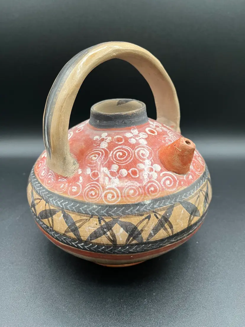 Tonala Mexican Folk Art Pottery Round Handled Jug With Spout 7.5 💦