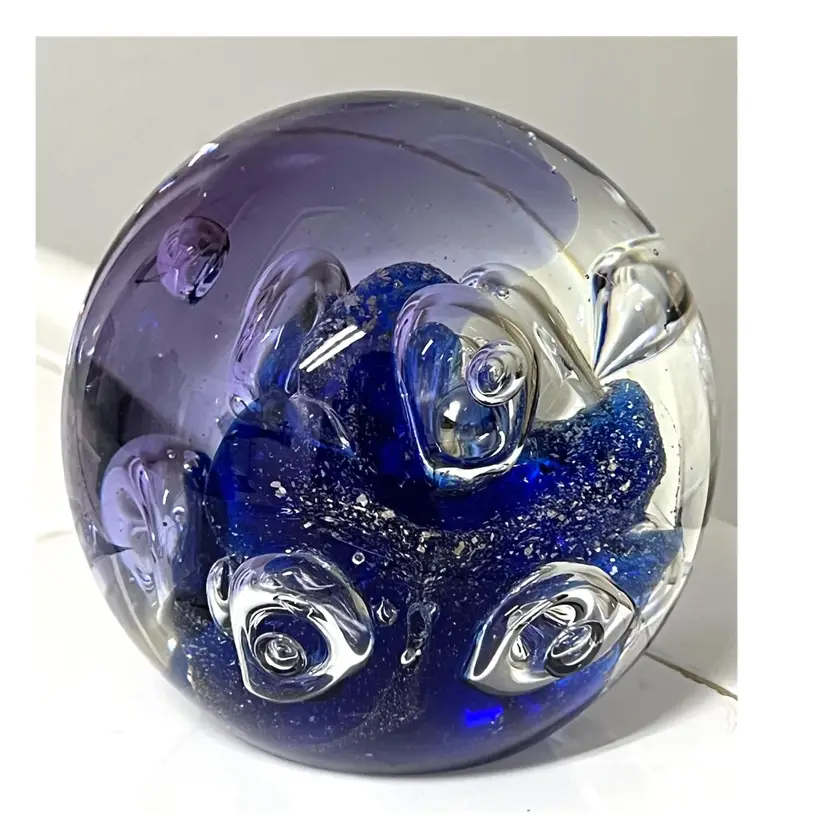 Hand Blown Cobalt Blue Art Glass Paperweight Clear Controlled Bubbles Heavy 3.5 in