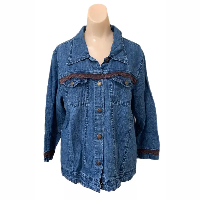 Large Vintage Denim Jacket Lace Trim Mirror Image Boho Hippie Cabin Core 1990s