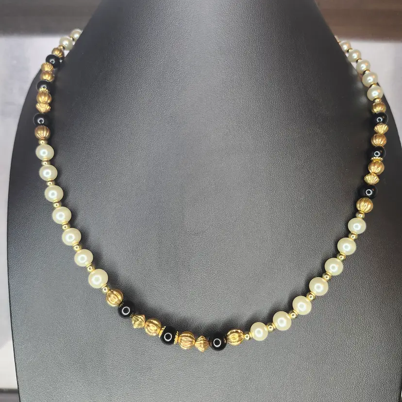 Elegant Pearl & Gold Bead Necklace  24 inches
