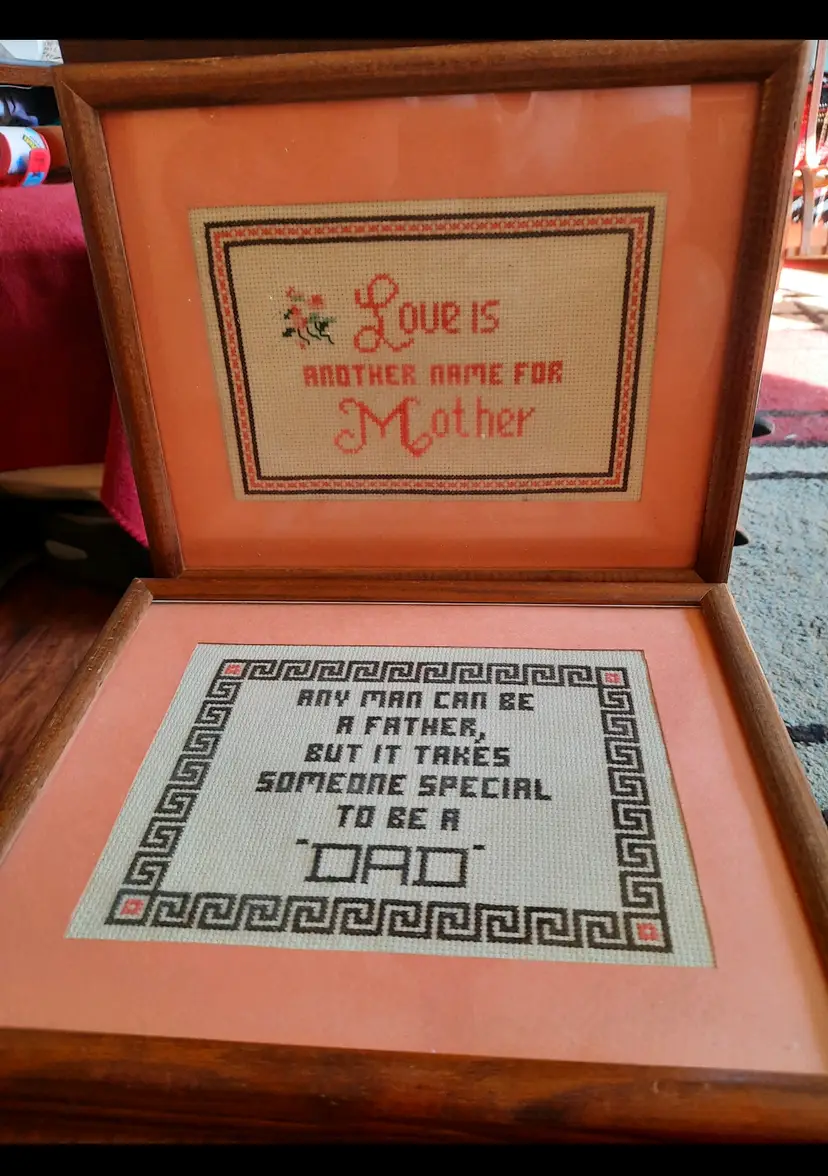 Vintage Framed Cross-Stitch Set: Mother & Dad