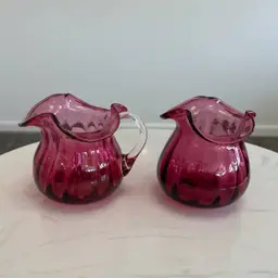 Vintage Pilgrim Glass Cranberry Creamer and Sugar Set Optic Ribbed Ruffle Hand Blown