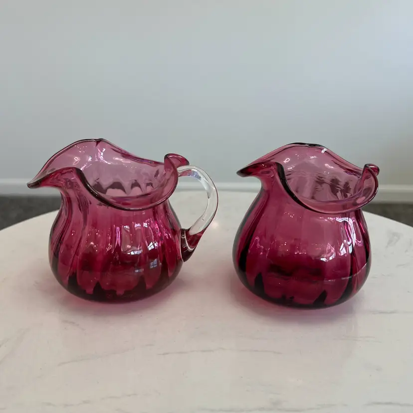 Vintage Pilgrim Glass Cranberry Creamer and Sugar Set Optic Ribbed Ruffle Hand Blown