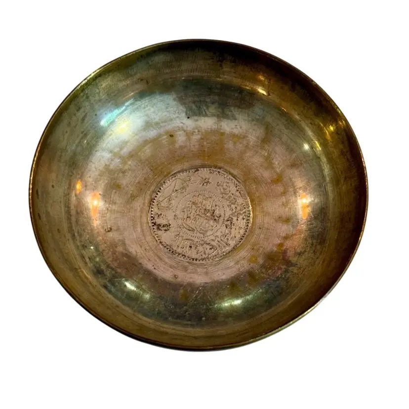 Antique Ottoman Empire 20 Kurus .830 Silver Large Size Coin In Silver Plated Brass Bowl Trinket Dish